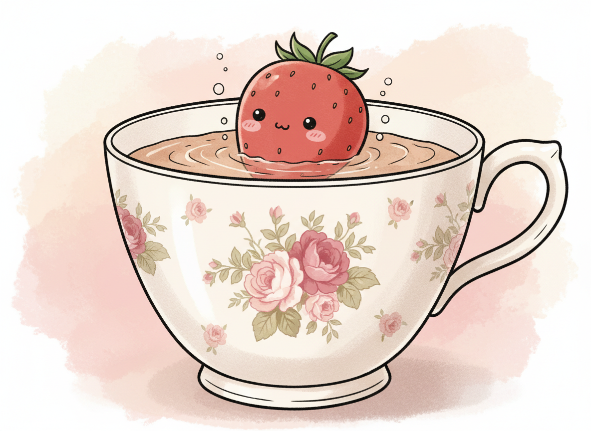 Eine süße, klassische britische Teetasse mit zartem Vintage-Blumenmuster, im verspielten Comic-Stil. In der Tasse sitzt eine kleine rote Erdbeere mit niedlichem freundlichem Gesicht und winzigen Bäckchen, als würde sie im Tee baden. Pudrige Rosatöne, warmes Beige, sparsame schwarze Konturen, nostalgisch, liebevoll und leicht handgezeichnet. Keine Schrift, kein Logo.